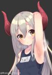  1girl arm_up armpits bangs blush breasts covered_nipples dark_background emma_august hair_between_eyes highres horns long_hair looking_to_the_side nijisanji parted_lips presenting_armpit red_horns school_swimsuit shiny shiny_hair simple_background small_breasts stained_clothes steam steaming_body sweat sweaty_clothes swimsuit twitter_username upper_body virtual_youtuber yellow_eyes yoshiwa_tomo 