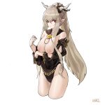  1girl absurdres arknights bangs black_one-piece_swimsuit breast_hold breasts cleavage covered_navel cropped_legs detached_sleeves grey_hair groin highres horns large_breasts long_hair looking_at_viewer nipples pointy_ears prossss red_eyes shining_(arknights) shining_(silent_night)_(arknights) sidelocks signature simple_background solo swimsuit white_background 