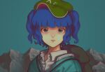  1girl 3: backpack bag bangs blue_background blue_eyes blue_hair blue_jacket blunt_bangs collared_shirt crying flat_cap green_headwear hair_bobbles hair_ornament hat highres jacket kappa kawashiro_nitori looking_at_viewer medium_hair mountain mountain_of_faith pout shirt short_twintails sidelocks solo tearing_up touhou twintails two_side_up white_shirt zero_nana 