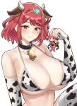 1girl animal_print bangs bikini black_gloves breasts chest_jewel cow_print desspie earrings fingerless_gloves gem gloves headpiece highres jewelry large_breasts pyra_(xenoblade) red_eyes red_hair red_shorts short_hair short_shorts shorts solo swept_bangs swimsuit tiara white_background xenoblade_chronicles_(series) xenoblade_chronicles_2 