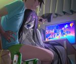  1boy 1girl absurdres blue_tongue breasts can cleavage closed_mouth colored_tongue controller curtains desk fall_guys fangs green_male_underwear hair_between_eyes hand_up highres holding holding_controller index_finger_raised indoors kneeling large_breasts long_hair looking_at_another looking_at_screen looking_back male_underwear monitor nia_(nia4294) original pink_eyes playing_games shiny shiny_hair short_hair short_sleeves single_bare_shoulder sweat teeth tongue tongue_out underwear upper_teeth wavy_mouth 