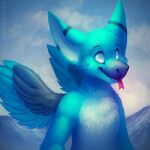  1:1 anthro beady_eyes blep blue_body blue_feathers blue_fur blue_sky blue_wings cheek_tuft chest_tuft cloud dutch_angel_dragon facial_tuft feathers full-length_portrait fur head_tuft male mylafox nude portrait red_tongue shoulder_tuft sky solo text three-quarter_view tongue tongue_out tuft url white_body white_fur wings 