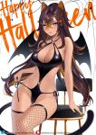  1girl bangs bare_arms bare_shoulders bat_wings black_hair black_nails blonde_hair blue_eyes breasts chair cleavage commentary_request dehya_(genshin_impact) fake_wings fishnet_thighhighs fishnets genshin_impact groin hair_between_eyes happy_halloween helloimtea highres large_breasts long_hair looking_at_viewer multicolored_hair nail_polish o-ring partial_commentary pink_lips pointy_hair sitting solo streaked_hair thighhighs thighs very_long_hair wings 