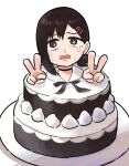  1girl black_choker black_eyes black_hair cake chainsaw_man choker commentary_request dessert food foodification hair_ornament hairclip hands_up higashiyama_kobeni highres icing noba_(ne83ko61) open_mouth pastry plate short_hair short_ponytail simple_background solo sweat tears v white_background 