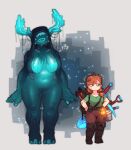  ... 2girls ? alex_(minecraft) backpack bag bandaid bandaid_on_arm boots bottomless breasts bucket commentary dripping english_commentary giant giantess glowing_horns hair_over_eyes height_difference hood hooves horns justrube lantern large_breasts long_hair looking_away minecraft multiple_girls navel pickaxe ponytail ribs short_sleeves shovel signature souls sweatdrop sword thigh_boots torch warden_(minecraft) weapon wet 