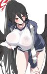  1girl black_hair black_wings blue_archive blush breasts clipboard halo hasumi_(blue_archive) hasumi_(gym_uniform)_(blue_archive) highres holding holding_clipboard jacket large_breasts leaning_forward low_wings open_clothes open_jacket pants ponytail red_eyes shirt solo track_jacket track_pants white_background white_shirt wings yabai_gorilla 