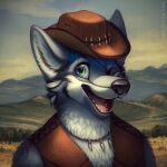  1:1 anthro black_nose blue_hair brown_clothing brown_hat brown_headwear brown_topwear brown_vest bust_portrait canid cheek_tuft chest_tuft clothed clothing cowboy facial_tuft fangs front_view fur glistening glistening_eyes glistening_nose green_eyes grey_body grey_fur hair hat headgear headwear jewelry male mammal mountain mylafox necklace one_eye_closed open_mouth open_smile outside portrait shoulder_tuft smile solo text topwear tuft url vest white_body white_fur 