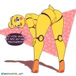  absurd_res animatronic anthro avian bird blue_eyes breasts butt chicken clothing female five_nights_at_freddy&#039;s five_nights_at_freddy&#039;s_2 fur galliform gallus_(genus) genitals hi_res kevwrite machine phasianid pussy robot scottgames solo text toy_chica_(fnaf) underwear video_games yellow_body yellow_fur 