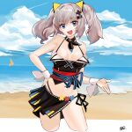  1girl absurdres bangs bare_shoulders beach bikini bikini_bottom_only bikini_skirt blue_eyes breasts breasts_apart camisole cloud cropped_legs d-pad d-pad_hair_ornament grey_hair hair_ornament halterneck hand_on_hip highres kaguya_luna medium_breasts medium_hair midriff navel obi open_mouth outdoors prossss sand sash side-tie_bikini_bottom signature skindentation smile solo swimsuit the_moon_studio twintails virtual_youtuber water 