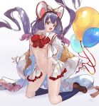  1girl animal_ears balloon bangs bow bowtie breasts brooch brown_eyes brown_footwear collared_shirt cosplay fake_animal_ears granblue_fantasy groin hairband heart_brooch highres jewelry karyl_(princess_connect!) kneehighs kneeling long_hair long_sleeves low_twintails medium_breasts miniskirt mouse_ears multicolored_hair navel open_mouth princess_connect! prossss purple_hair pussy shirt shoes signature skirt socks solo streaked_hair twintails very_long_hair vikala_(granblue_fantasy) vikala_(granblue_fantasy)_(cosplay) white_shirt white_skirt 