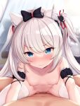  animal_ears azur_lane black_bow blue_eyes blush bow breasts cat_ears censored collarbone cowgirl_position girl_on_top hair_bow hammann_(azur_lane) hetero highres love_makira navel nipples nude open_mouth penis petite pov pussy sex small_breasts solo_focus straddling two_side_up white_hair 