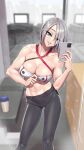  abs bangs bare_shoulders bench bra_tug breasts cleavage collarbone cup curvy dripping eyelashes girls&#039;_frontline green_eyes grey_hair hair_over_one_eye highres holding holding_phone indoors large_breasts lyoung0j mg5_(girls&#039;_frontline) mirror muscular muscular_female navel pants phone pose selfie shelf shiny shiny_hair smile sports_bra sportswear steam stomach sweat 