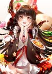  +_+ 1girl alternate_costume azur_lane black_hair blush bow doughnut food gelasi hair_bow hands_on_own_face highres horns japanese_clothes katana kimono long_hair looking_at_viewer oni_horns open_mouth red_eyes sakawa_(azur_lane) sakawa_(the_colors_of_love)_(azur_lane) sheath sheathed solo sword weapon yukata 