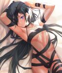  1girl arm_strap armpits arms_behind_head arms_up bangs bare_shoulders black_hair blush body_markings breasts collarbone eyepatch fate/grand_order fate_(series) fishnets highres long_hair looking_at_viewer lying mochizuki_chiyome_(fate) on_back otsukemono purple_eyes revealing_clothes revision small_breasts snake_tattoo solo tattoo thigh_strap thighs very_long_hair 