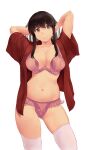  1girl akagi_(kancolle) arms_up bangs blush bra breasts brown_eyes brown_hair cleavage collarbone highres kantai_collection large_breasts long_hair looking_to_the_side navel open_clothes open_shirt panties pink_bra pink_panties red_shirt shirt short_sleeves smile solo straight_hair thighhighs thighs underwear wa_(genryusui) white_background white_thighhighs 