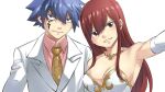  1boy 1girl arm_tattoo armpits bangs blue_hair breasts brown_eyes brown_necktie cleavage closed_mouth couple dress elbow_gloves erza_scarlet eye_contact face-to-face facial_tattoo fairy_tail formal from_side gloves hair_between_eyes highres jellal_fernandes jewelry large_breasts long_hair long_sleeves looking_at_another mashima_hiro necklace necktie official_art parted_lips pink_shirt red_hair shiny shiny_skin shirt signature simple_background smile spiked_hair strapless suit swept_bangs tattoo upper_body white_background white_gloves white_shirt white_suit 