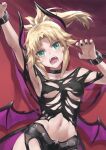  1girl arm_up armpits bangs bare_shoulders blonde_hair braid breasts collarbone demon_girl demon_horns demon_wings fate/apocrypha fate_(series) french_braid green_eyes halloween_costume highres horns long_hair looking_at_viewer mordred_(fate) mordred_(fate/apocrypha) navel open_mouth parted_bangs ponytail sidelocks small_breasts solo teeth tonee wings 