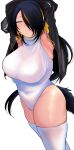  1girl absurdres armpits arms_up black_hair breasts emperor_penguin_(kemono_friends) hair_over_one_eye half-closed_eyes highres hood hoodie kemono_friends large_breasts leotard long_hair long_sleeves looking_at_viewer multicolored_hair shibainu_goro solo standing streaked_hair thighhighs white_thighhighs yellow_eyes 