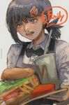  1girl absurdres black_bow black_hair bow burger chainsaw_man crying drinking_straw food french_fries higashiyama_kobeni highres mcdonald&#039;s open_mouth simple_background solo teeth twitter_username uu0000322 