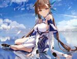  1girl absurdres arm_support bangs bare_shoulders black_footwear blue_sky breasts brown_hair closed_mouth cloud day dress fingerless_gloves gloves hair_ornament highres honkai_(series) honkai_impact_3rd large_breasts li_sushang li_sushang_(jade_knight) long_hair looking_at_viewer outdoors reflection sky solo unnyori 