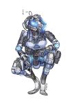  1girl breasts cable glowing highres holding holding_knife humanoid_robot knife kotone_a medium_breasts pilot_(titanfall_2) pouch robot science_fiction simulacrum_(titanfall) solo squatting stim_pilot_(titanfall_2) titanfall_(series) titanfall_2 twitter_username white_background 