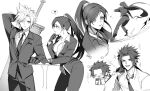  1girl 2boys black_gloves black_hair blush breasts buster_sword cloud_strife duoj_ji earrings final_fantasy final_fantasy_vii final_fantasy_vii_remake formal gloves greyscale high_heels high_ponytail highres huge_weapon jewelry large_breasts long_hair looking_at_another looking_at_viewer monochrome multiple_boys necktie sparkle spiked_hair suit tifa_lockhart turks_(costume) weapon weapon_on_back zack_fair 