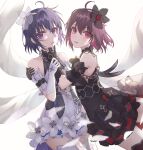  2girls absurdres ahoge bangs black_dress black_flower black_gloves black_thighhighs blue_eyes blue_hair bob_cut dress dual_persona flower gloves hair_flower hair_ornament highres honkai_(series) honkai_impact_3rd kind1516 looking_at_viewer multiple_girls parted_lips red_eyes red_hair seele_(alter_ego) seele_vollerei seele_vollerei_(stygian_nymph) short_hair simple_background solo thighhighs white_background white_dress white_flower white_gloves white_thighhighs 