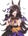  1girl animal_ears bad_id bad_twitter_id bat_(animal) bat_wings black_bow black_bowtie black_gloves black_hair black_hairband blue_flower blue_wings bow bowtie brooch center_frills claw_pose collared_shirt commentary fangs flower frilled_hairband frills gloves hair_flower hair_ornament hair_over_one_eye hair_ribbon hairband halloween halloween_costume highres horse_ears horse_girl horse_tail jack-o&#039;-lantern_ornament jewelry long_hair looking_at_viewer make_up_in_halloween!_(umamusume) motion_lines official_alternate_costume open_mouth orange_bow puffy_short_sleeves puffy_sleeves purple_eyes purple_ribbon purple_skirt ribbon rice_shower_(umamusume) shidare_(youh4016) shirt short_sleeves simple_background skirt solo spider_web_print standing tail umamusume white_background white_shirt wings 