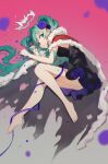  1girl aqua_eyes aqua_hair aqua_nails bangs bare_legs barefoot black_dress blurry blurry_foreground breasts cape commentary dress eyelashes feet floating_crown flower frilled_dress frills fur-trimmed_cape fur_trim grey_background grey_cape hair_flower hair_ornament hands_up hatsune_miku highres hua_ben_wuming legs long_hair looking_at_viewer lying milk_crown_on_sonechka_(vocaloid) nail_polish on_side petals pink_background purple_flower purple_ribbon red_cape ribbon shiny shiny_hair sidelocks sleeveless sleeveless_dress small_breasts solo toenail_polish toenails toes torn_cape torn_clothes twintails twitter_username two-tone_background very_long_hair vocaloid 