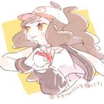  1girl antenna_hair baseball_cap black_vest brown_eyes brown_hair closed_mouth cropped_torso hat hilda_(pokemon) holding holding_poke_ball katiko long_hair lowres navel no_nose open_clothes open_vest pink_headwear poke_ball poke_ball_(basic) pokemon pokemon_(game) pokemon_bw ponytail sidelocks tank_top two-tone_headwear vest white_headwear white_tank_top wristband 