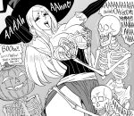  1girl absurdres armpits bb_(baalbuddy) breast_grab breasts cleavage corset detached_sleeves dragon&#039;s_crown english_commentary english_text grabbing hat highres large_breasts long_hair monochrome open_mouth pumpkin round_teeth skeleton sorceress_(dragon&#039;s_crown) teeth thick_thighs thighs upper_teeth witch_hat 