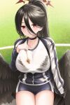  1girl absurdres black_hair black_wings blue_archive blush breasts cleavage feathered_wings gym_shirt gym_shorts gym_uniform hair_between_eyes halo hasumi_(blue_archive) hasumi_(gym_uniform)_(blue_archive) highres large_breasts large_wings looking_at_viewer low_wings mole mole_under_eye ponytail red_eyes riri_yo see-through shirt shorts underwear wet wet_clothes wings 