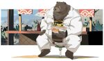  2022 anthro belly ben_(zenless_zone_zero) big_belly bottomwear brown_body clothing food furniture humanoid_hands male mammal mihoyo overweight overweight_male pants riisago scar shirt sitting solo stool topwear ursid zenless_zone_zero 