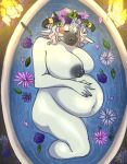  absurd_res accessory anthro areola bath bathing bathtub big_breasts black_areola black_horn black_nipples blush bovid breasts candle candle_wax candlestick cow_ears egyptian_mythology european_mythology eyes_closed female flower flower_in_hair fur greek_mythology hair hair_accessory hair_down hand_on_stomach hi_res horn huge_breasts iothyia_(pelorix) mammal middle_eastern_mythology mythology naught_rot nipples plant pregnant pregnant_female solo thick_thighs white_body white_fur 