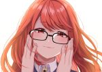  1girl black-framed_eyewear blush commentary english_commentary fingernails glasses hands_on_own_face highres lips long_hair looking_at_viewer persona persona_5 persona_5_the_royal pink_lips red_eyes red_hair simple_background smile solo upper_body white_background yoshizawa_sumire yura_s_arts 