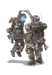  2boys a-wall_pilot_(titanfall_2) assault_visor black_bodysuit bodysuit camouflage camouflage_gloves charge_rifle d-101_longbow energy_gun extra_arms glowing grapple_pilot_(titanfall_2) gun helmet highres holding holding_gun holding_weapon kotone_a lifting_person male_focus multiple_boys pilot_(titanfall_2) rifle science_fiction shadow sniper_rifle standing titanfall_(series) titanfall_2 weapon weapon_on_back x-55_devotion 