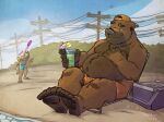  2022 anthro beach belly bottomwear brown_body canid canine canis clothing detailed_background domestic_dog duo hat headgear headwear hi_res humanoid_hands k-9 male mammal outside overweight overweight_male seaside shorts sitting ursid 