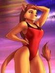  2022 absurd_res alien anthro breasts brown_body brown_fur brown_hair caitian clothing elbow_tuft eyebrows eyelashes felid female fur hair hand_on_hip hi_res inner_ear_fluff long_hair m&#039;ress mammal mykegreywolf one-piece_swimsuit planet portrait pupils shoulder_tuft slit_pupils solo star_trek star_trek_the_animated_series swimwear tail_tuft three-quarter_portrait tuft yellow_sclera 