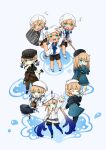  4boys 4girls bag baker_nemo_(fate) barefoot barrel beret black_headwear black_shirt black_shorts blonde_hair blue_dress blue_eyes blue_pantyhose blue_skirt broom brown_jumpsuit captain_nemo_(fate) carrying chef_hat chibi closed_eyes covering_mouth dress engineer_nemo_(fate) fate/grand_order fate_(series) flying_sweatdrops glasses hair_ribbon hammer hand_over_own_mouth hat holding holding_broom holding_syringe jumpsuit jumpsuit_around_waist low_twintails ma0x0o marine_nemo_(fate) military_hat multicolored_hair multiple_boys multiple_girls musical_note nemo_(fate) nurse nurse_cap nurse_nemo_(fate) open_mouth pantyhose professor_nemo_(fate) puddle ribbon salute shirt shorts shoulder_bag simple_background skirt sleeves_rolled_up smile smug socks streaked_hair suspenders syringe turban twintails very_long_sleeves water white_background white_headwear white_socks 