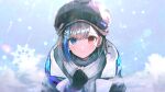  1girl bangs black_gloves black_headwear blue_eyes blush closed_mouth cocoritter_(tower_of_fantasy) fingerless_gloves gloves hair_ornament hairclip hat heterochromia highres looking_at_viewer maru51 outdoors red_eyes scarf smile snow snowflakes snowing solo tower_of_fantasy upper_body winter winter_clothes 