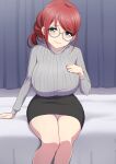  1girl absurdres aqua_eyes bed black_skirt breasts curtains glasses grey_sweater hand_on_own_chest highres large_breasts mole on_bed original panties red_hair sakamata sitting skirt sweater underwear 