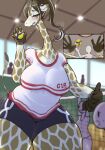  2022 ball blush bodily_fluids bottomwear breasts clothed clothing detailed_background female giraffe giraffid group hair hi_res humanoid inside jersey large_female long_neck mammal ponytail shorts sport spots sweat thick_thighs volleyball_(ball) yajima 