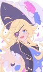  1girl 2657314861 absurdres bangs blonde_hair blue_dress blue_eyes dragalia_lost dress eyepatch falling_petals flower hat hat_flower heart heart_eyepatch highres karina_(dragalia_lost) long_hair looking_at_viewer official_alternate_costume open_mouth petals solo teeth upper_body upper_teeth white_background 