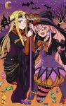  2girls arche_klein blonde_hair blue_eyes bracelet breasts candy cleavage closed_mouth elbow_gloves food full_body gloves halloween halloween_costume hat highres jewelry long_hair looking_at_viewer mint_adenade multiple_girls neko_(hansinn) open_mouth pink_eyes pink_hair smile striped tales_of_(series) tales_of_phantasia witch_hat 