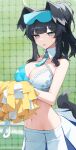  1girl absurdres animal_ears bangs bare_shoulders black_hair blue_archive blush breasts cheerleader cleavage dog_ears dog_girl dog_tail eyewear_on_head goggles goggles_on_head halo hibiki_(blue_archive) hibiki_(cheerleader)_(blue_archive) highres holding holding_pom_poms large_breasts long_hair looking_at_viewer navel official_alternate_costume pom_pom_(cheerleading) ponytail skirt solo star_sticker sunglasses sweat tail tanosii_chan white_skirt yellow_halo 