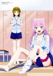  2girls absurdres blue_eyes blush breasts changing_room cleavage earrings fuufu_ijou_koibito_miman. green_eyes gyaru highres jewelry large_breasts leg_warmers locker locker_room long_hair looking_at_viewer magazine_scan megami_magazine multiple_girls official_art on_floor pink_hair pleated_skirt sakurazaka_shiori scan skirt smile standing thighs undressing watanabe_akari 