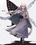  1boy :d absurdres animal_on_arm asymmetrical_wings bangs black_skin blonde_hair blue_cloak blue_coat blue_footwear bug butterfly_wings claws cloak closed_eyes coat collar colored_skin diamond_hairband dirty dirty_clothes facing_viewer fate/grand_order fate_(series) frilled_collar frills full_body fur-trimmed_cloak fur_trim hair_between_eyes highres insect_wings juliet_sleeves long_sleeves medium_hair morita_yuu moth oberon_(fate) oberon_(third_ascension)_(fate) outstretched_arm pants patterned_clothing puffy_sleeves robe shoes sleeveless_coat smile solo spoilers torn_wings turtleneck white_background white_pants white_robe wings 