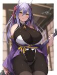  1girl bare_shoulders blush bodystocking breasts club_(weapon) cowboy_shot holding_club horns huge_breasts long_hair looking_at_viewer oni oni_horns original purple_hair solo spiked_club weapon yellow_eyes yoshikawa_hideaki 