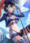  1girl absurdres azur_lane baltimore_(azur_lane) baltimore_(finish_line_flagbearer)_(azur_lane) bangs bikini black_bikini blue_bikini blue_footwear blue_headwear blue_jacket blue_shorts blue_sky boots braid breasts brown_hair chest_harness choker cleavage cloud collarbone commentary cowboy_shot cropped_jacket day flag french_braid gloves grin groin hair_between_eyes hand_up harness hat highleg highleg_bikini highres jacket looking_at_viewer medium_breasts micro_shorts mismatched_bikini navel o-ring official_alternate_costume open_clothes open_jacket peaked_cap race_queen sankyo_(821-scoville) shadow short_hair shorts sidelocks sitting sitting_on_object skindentation sky smile solo stomach swimsuit teeth thigh_boots thigh_strap tire underboob underbust yellow_eyes 