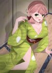  1girl :d absurdres akashi_(kancolle) blunt_tresses blush breasts cleavage dated green_eyes green_kimono hair_ribbon hamukiyo highres japanese_clothes kantai_collection kimono large_breasts long_hair looking_at_viewer pink_hair ribbon signature smile solo tress_ribbon 